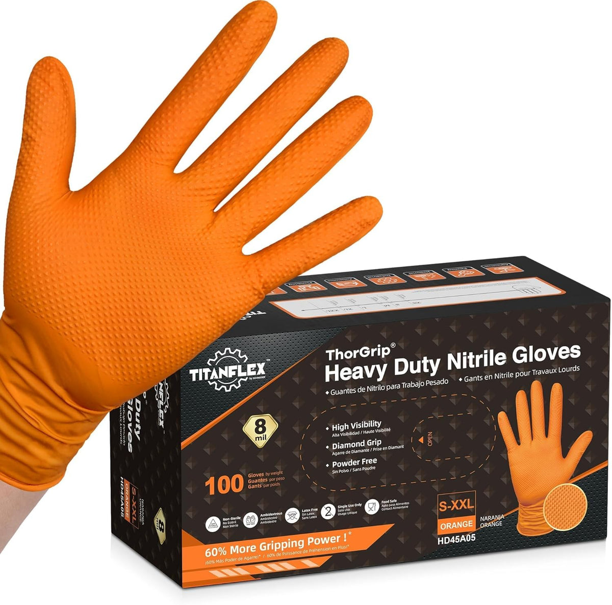 TitanFlex Heavy Duty Industrial Orange Nitrile Gloves, 8-mil, Gloves Disposable Latex Free with Raised Diamond Texture Grip, Powder Free, Rubber Glove, Mechanic Gloves,100-ct Box (Medium)