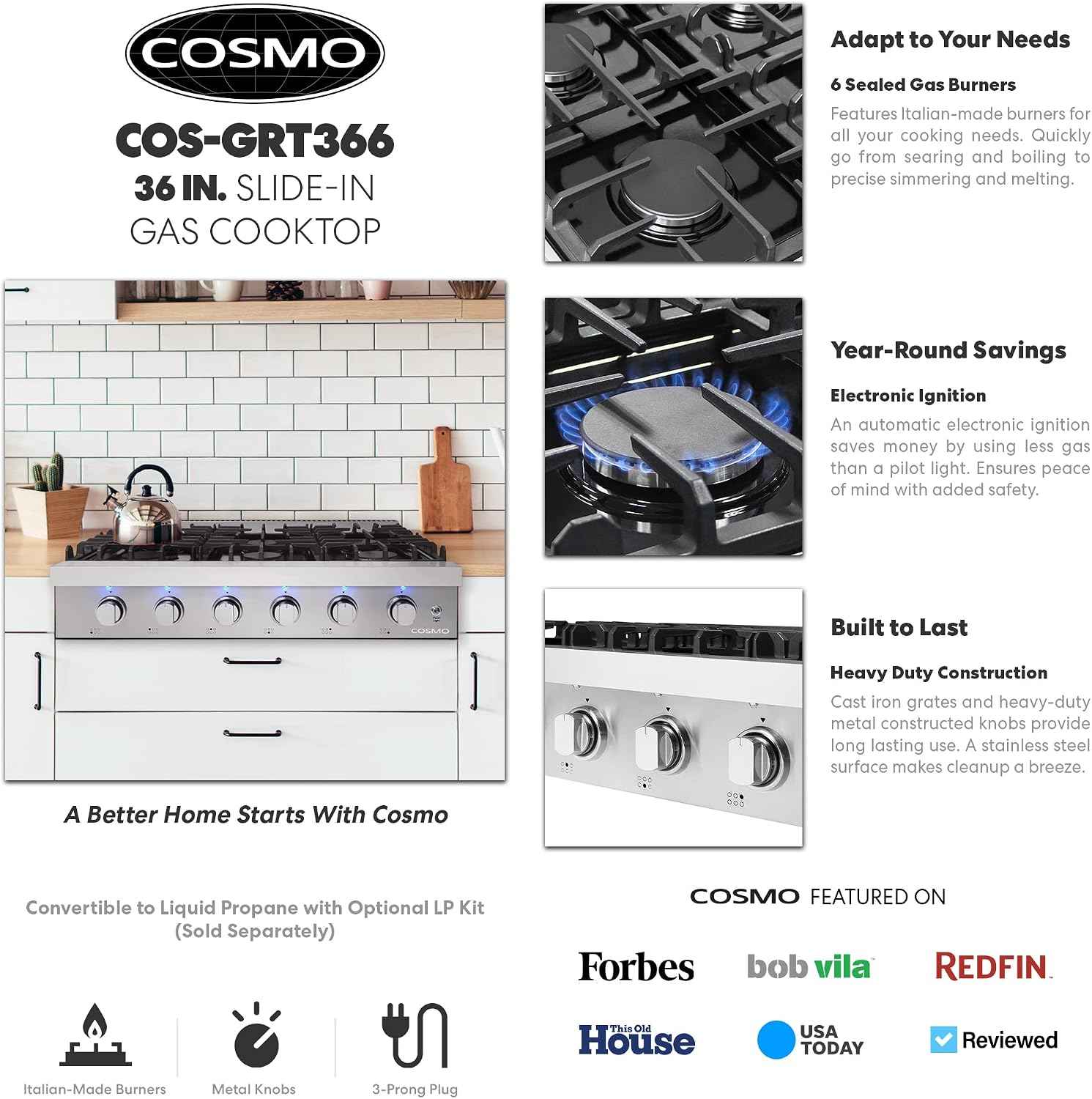 36 in. Lumin Collection Slide-In 6 Burner Gas Cooktop, LED, Stainless Steel