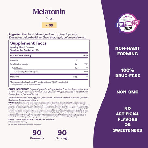 Natrol Kids Melatonin 1mg, for Restful Sleep, 90 Raspberry-Flavored Gummies