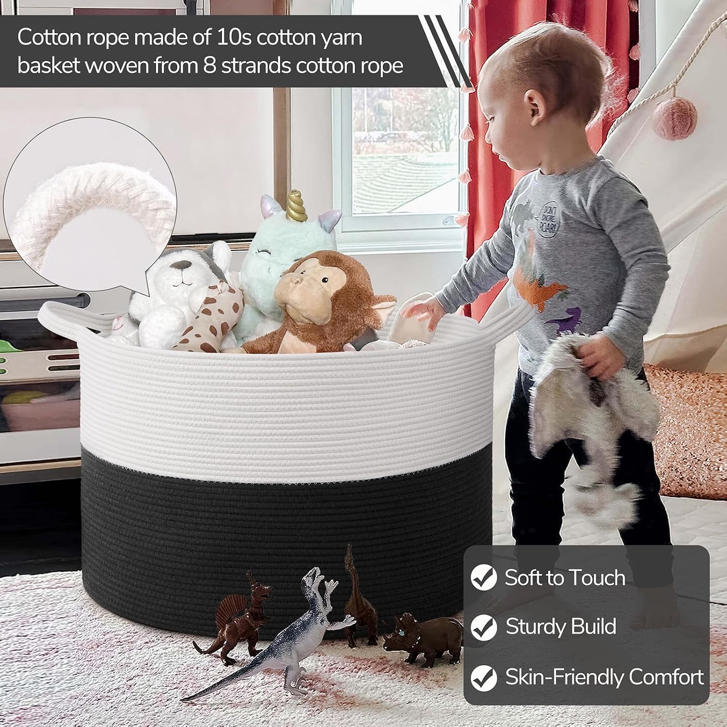 INDRESSME 115L Extra Large Woven Rope Blanket Basket Living Room WhiteBlack