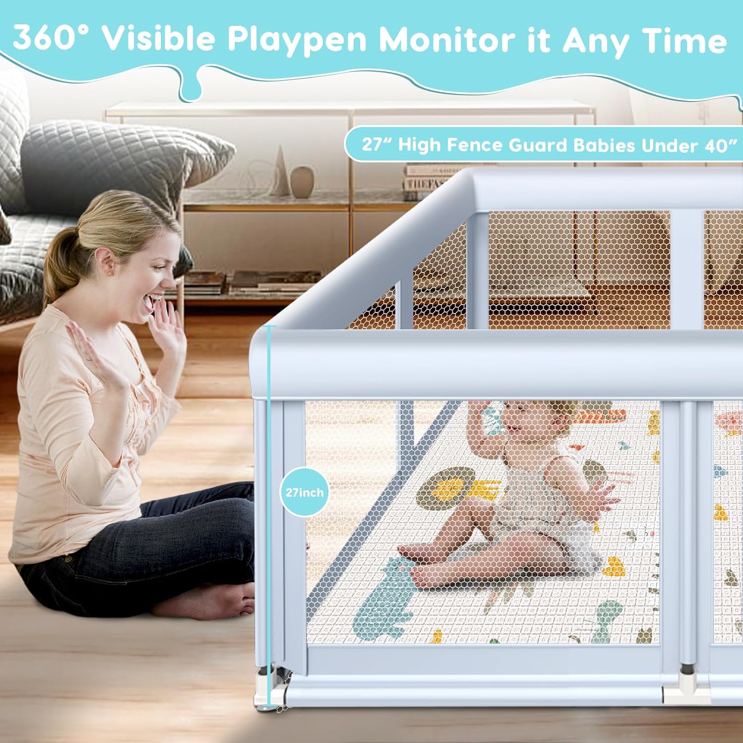 Fshibila 65" ×50" Large Baby Playpen with Mat, Baby Playard for Babies and Toddlers, Play Pens for Indoor & Outdoor, Sturdy Safety Play Yard with Soft Breathable Mesh, Anti-Fall, Grey