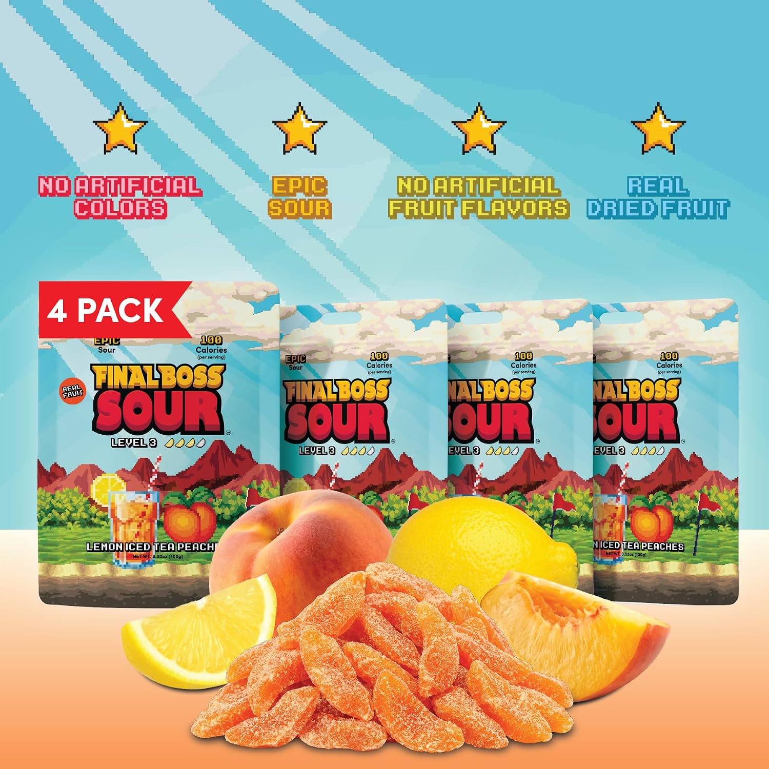 Final Boss Sour Fruit Candy, Lemon Iced Tea Peaches, Level 3 (1 Pack)