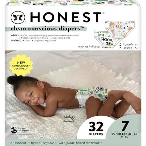 The Honest Company Clean Conscious Diapers | Plant-Based, Sustainable | Barnyard Babies + It’s A Pawty | Club Box, Size 7 (41+ lbs), 32 Count