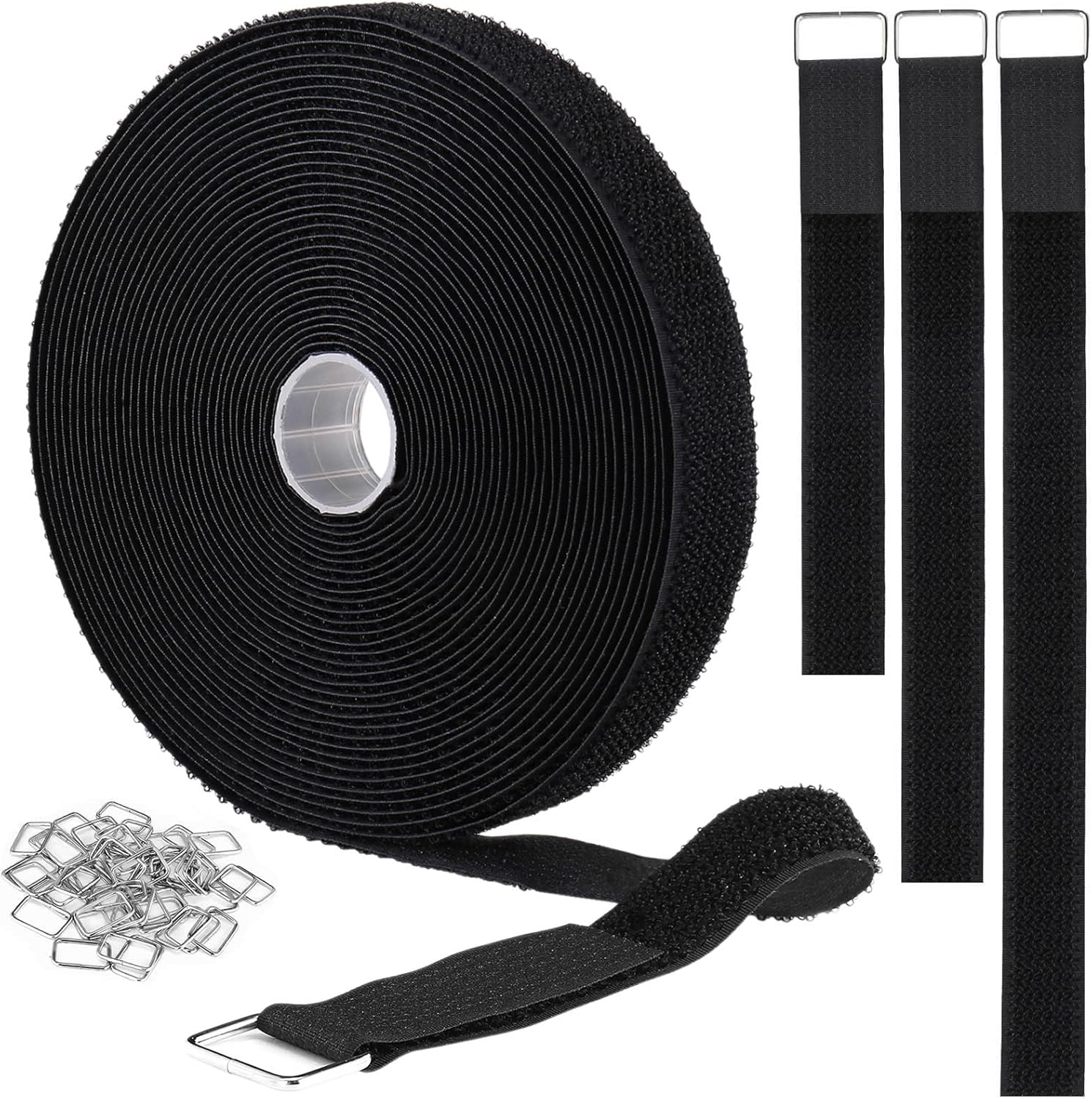 YMCRLUX 1"x64ft Hook and Loop Straps with 70 Metal Buckles, Adjustable Fastening Cable Straps, Cut-to-Length Cinch Strap, Reusable Nylon Securing Cord Ties for Organizer or Storage, 1 inch Wide, Black