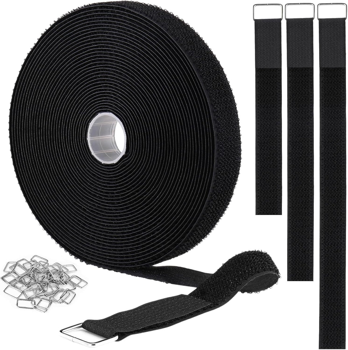 YMCRLUX 1"x64ft Hook and Loop Straps with 70 Metal Buckles, Adjustable Fastening Cable Straps, Cut-to-Length Cinch Strap, Reusable Nylon Securing Cord Ties for Organizer or Storage, 1 inch Wide, Black