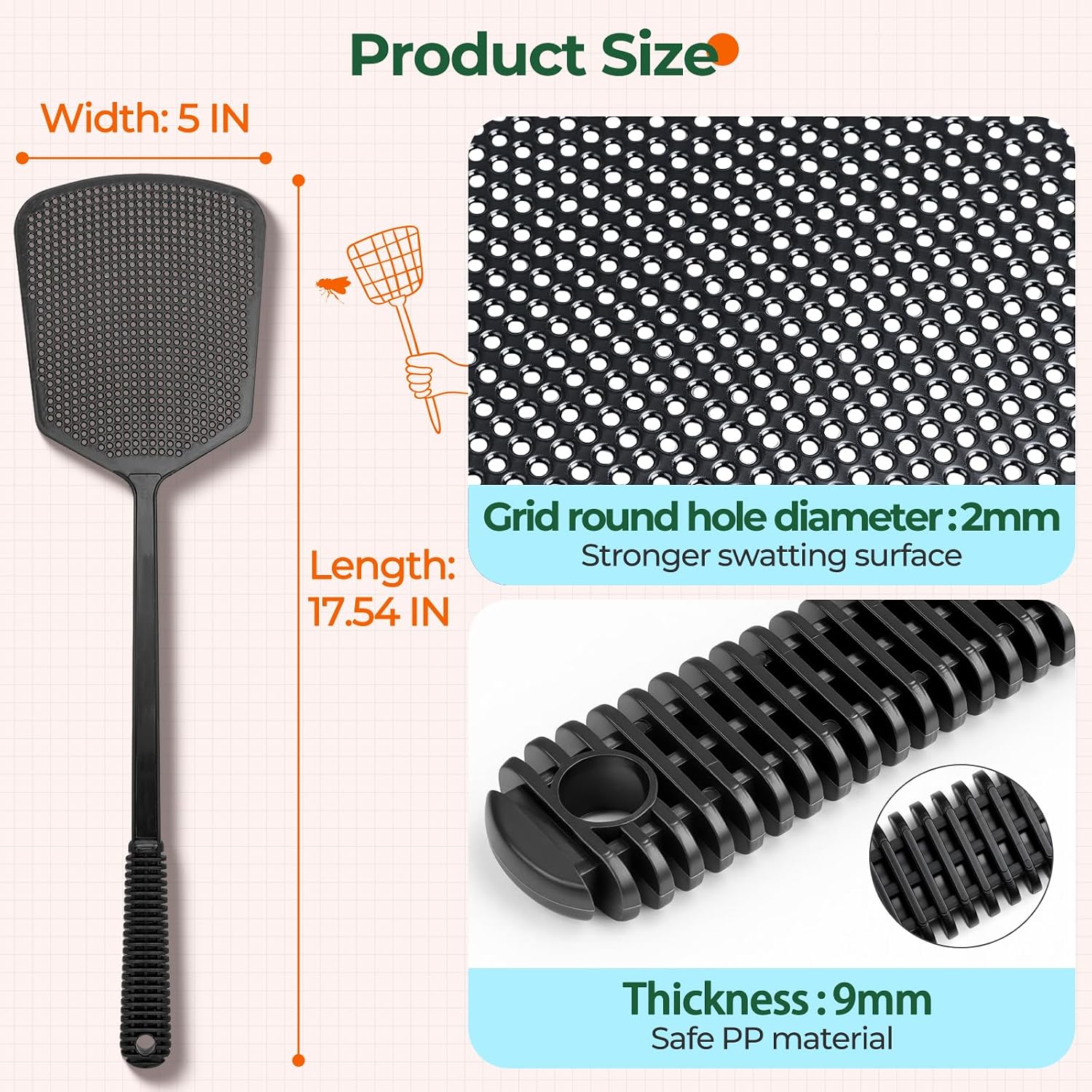 Fly Swatter, Indoor & Outdoor, Flexible Thick Handle, Large Durable Swat Head – Pack of 4
