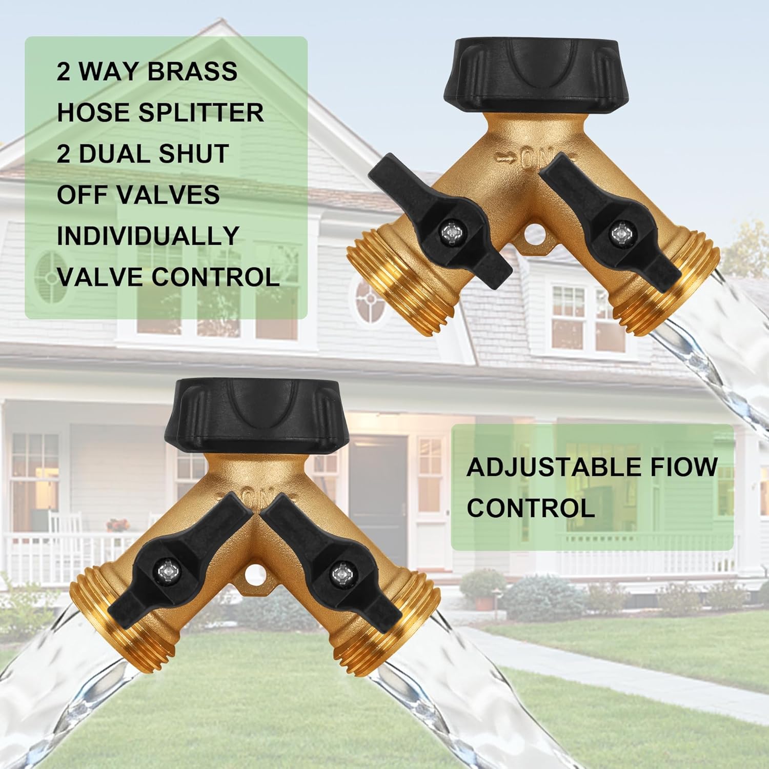 Biswing Garden Hose Splitter 2 Way, Heavy Duty Brass Connector Tap Splitter, Y Splitter 2 Valves with 2 Extra Rubber Washers