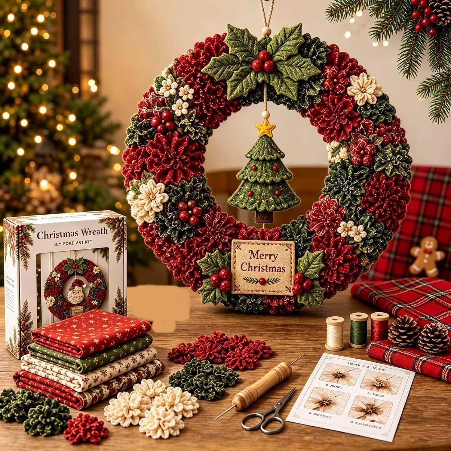 Christmas Wreath Making Kit for Adults 3D Fabric Poke Art Kit No Sew Beginner Craft Project Handmade Hanging Decoration for Front Door Wall Entryway and Home (Tree)