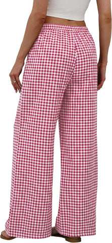 Sampeel Wide Leg Pants for Women Flowy Palazzo Drawstring Elastic Waist Trousers with Pockets Summer Beach Vacation Clothes