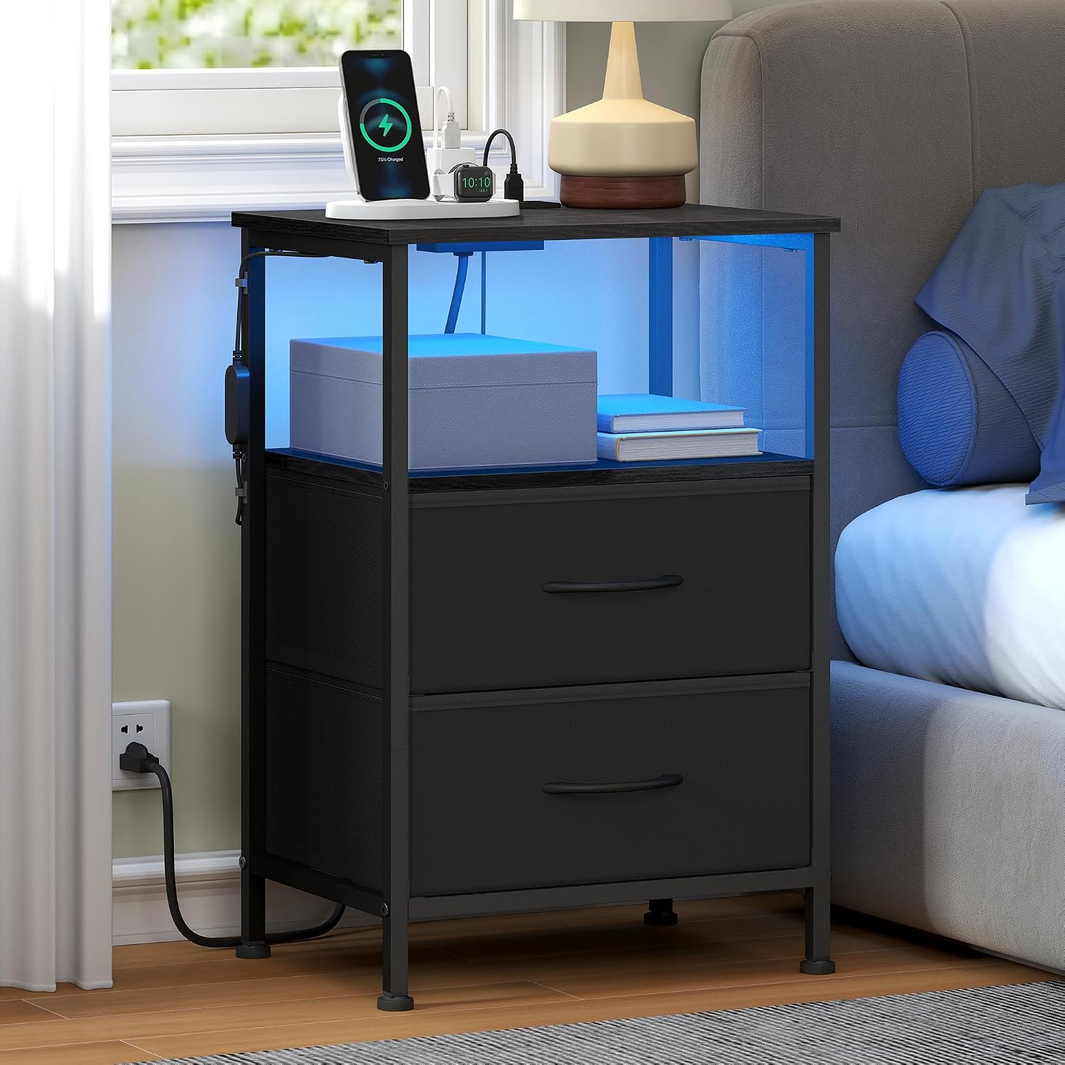 SONGMICS Nightstand with Charging Station, 2 Fabric Drawers