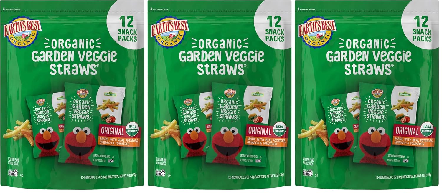 Earth's Best Organic Kids Snacks, Sesame Street Toddler Snacks, Organic Garden Veggie Straws for Toddlers 2 Years and Older, Original, Multipack, .5 oz Bags, 12 Count (Pack of 3)