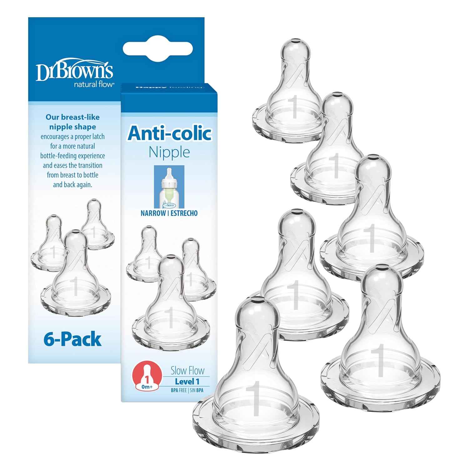 Dr. Brown’s Narrow Level 1 Slow Flow Nipple, 0m+, 6-Pack