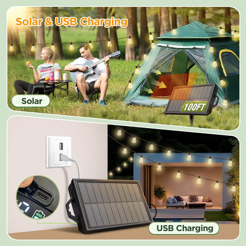 100FT Solar String Lights Outdoor Waterproof with Remote & Timer, LED Shatterproof ST38 Bulbs, USB & Solar Powered Patio Lights for Backyard, Porch, Garden, Wedding Decor, Dusk to Dawn Lighting