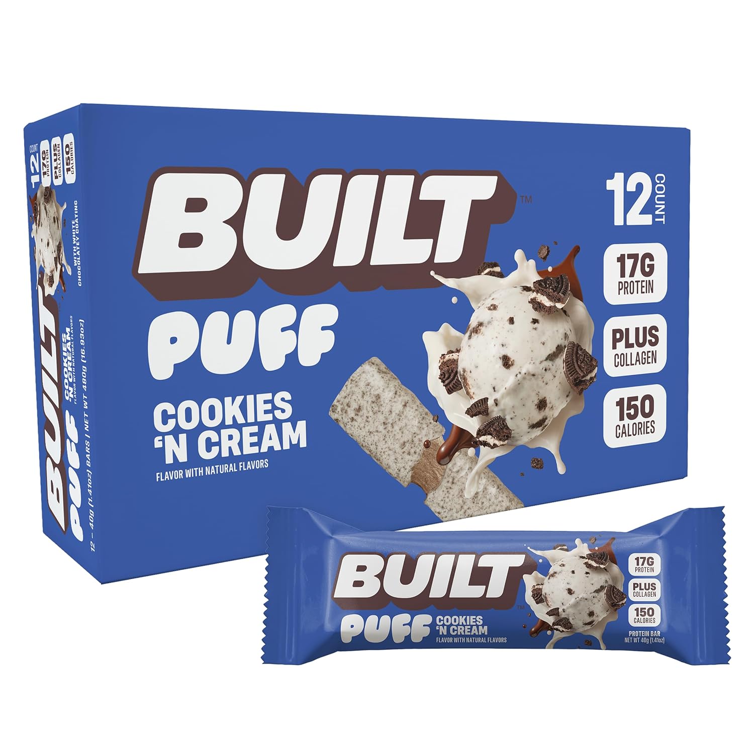 BUILT Puff Protein Bars, Cookies 'N Cream, 17g Protein - 12 Count