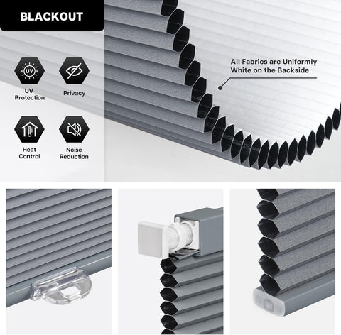 LazBlinds No Drill Cordless Cellular Shades, 20 1/2" W × 48" H, Dark Grey