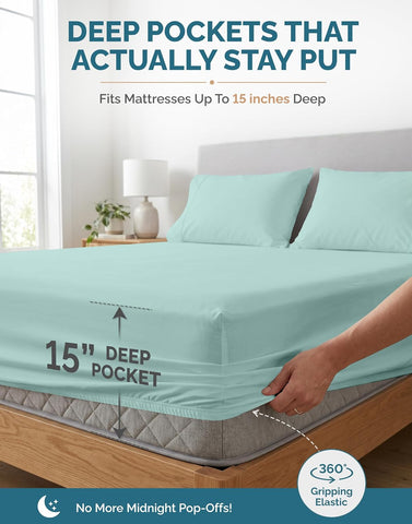 Casa Platino Split King Sheets Sets – 100% Cotton Split King Sheets Cooling with 4 Pillowcases, 15" Deep Pocket Fitted Sheet, Crisp & Smooth Feel, Ultra Soft & Cozy, Fit – Blue Sky