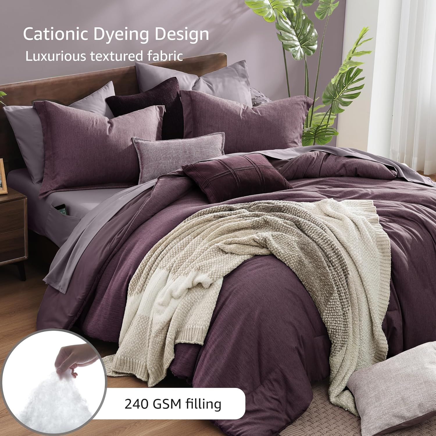 Monbix Full Size Comforter Set 7 Pieces Italian Plum Bed in a Bag