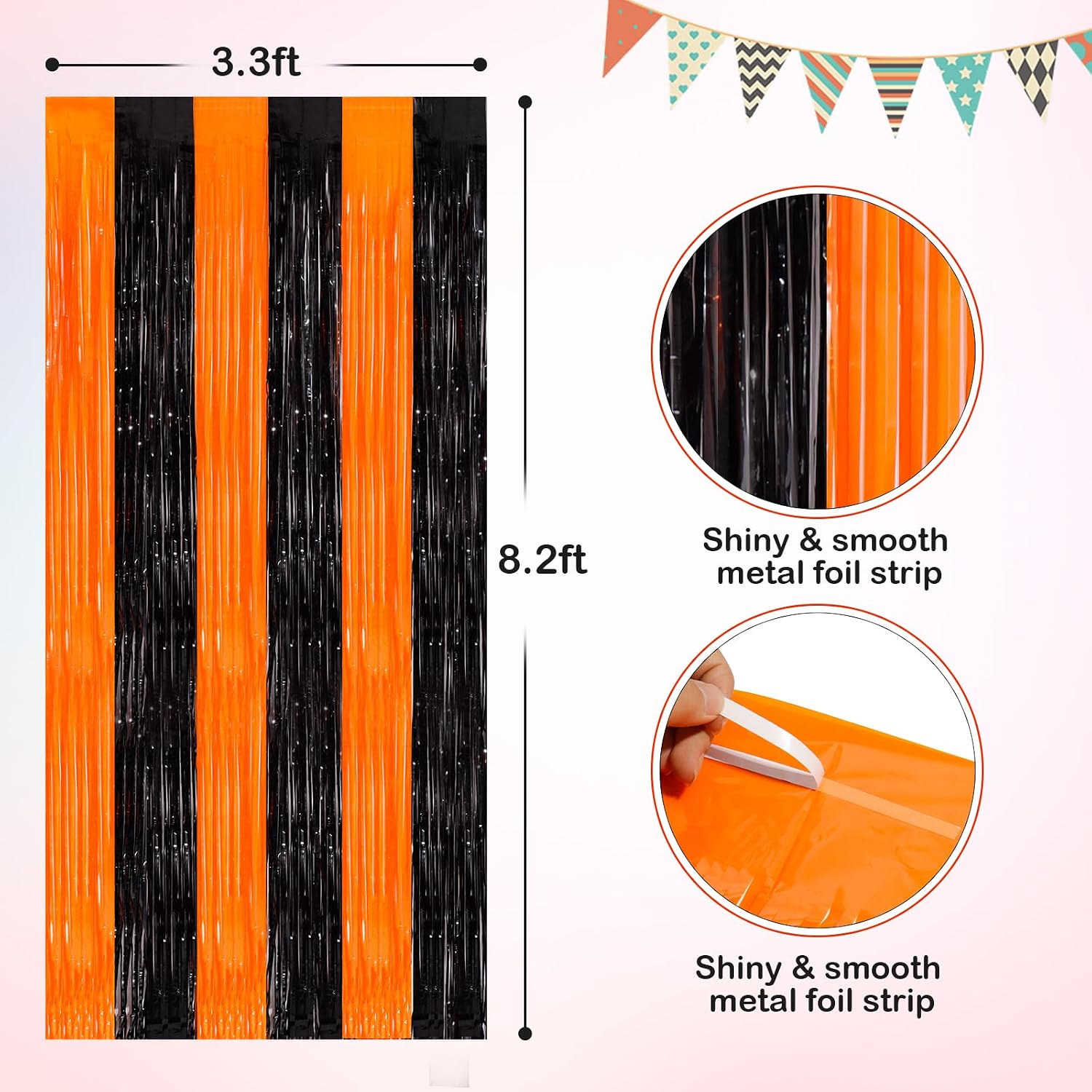 Black Orange Tinsel Backdrop Foil Fringe Curtains, 2 Pack Party Decor