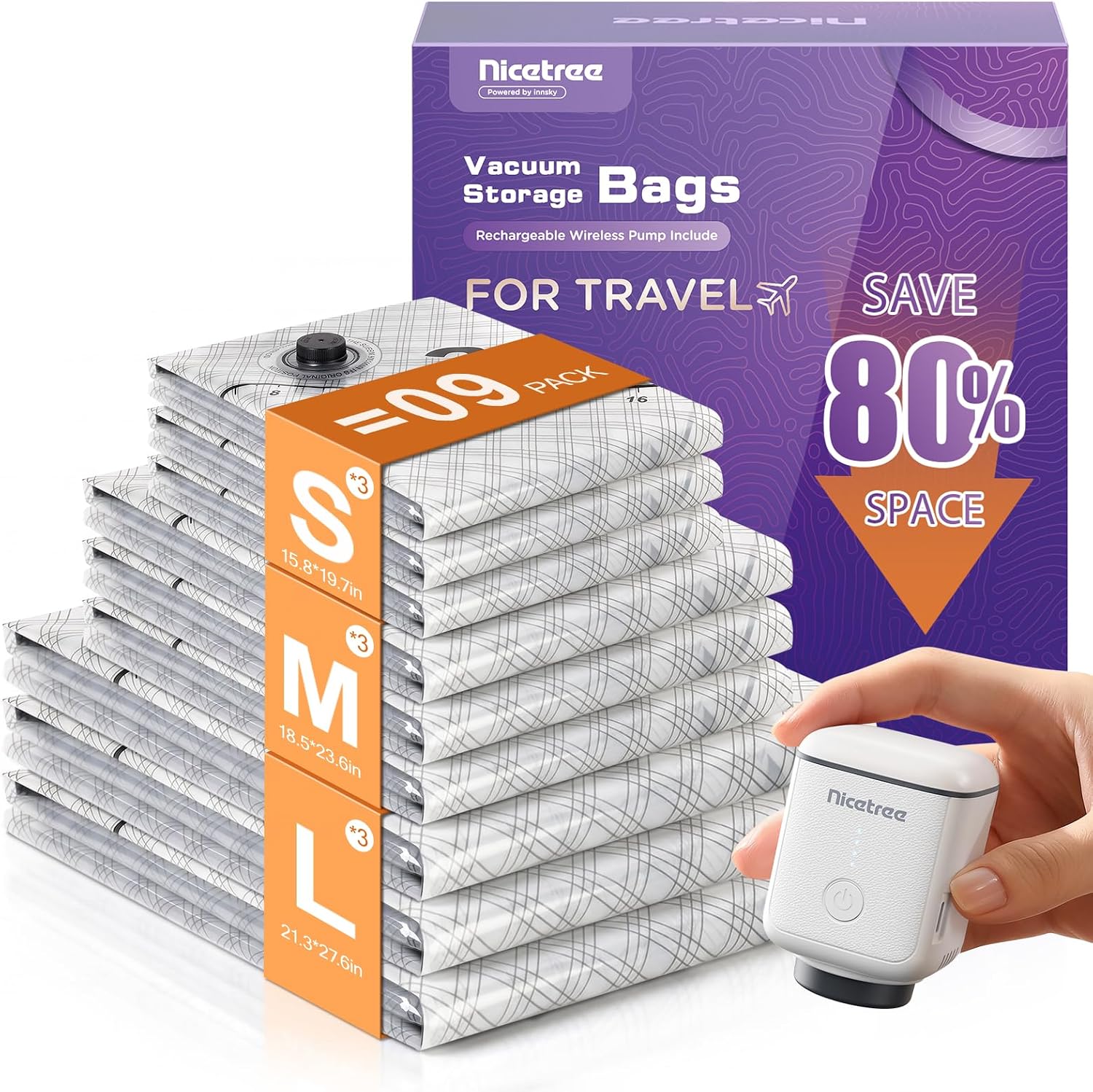 Nicetree 9-Pack Vacuum Bags for Travel with Rechargeable Pump, 3 Sizes