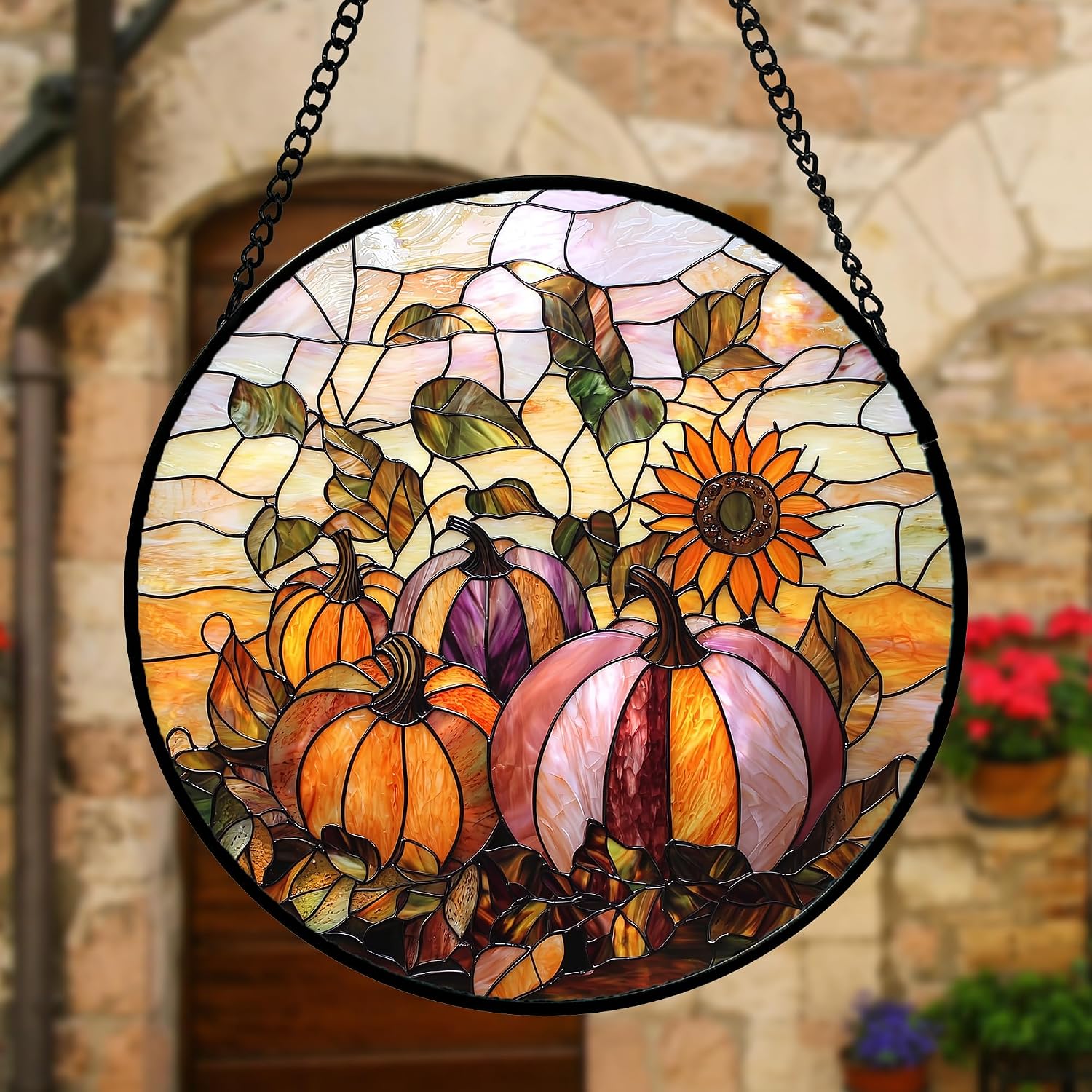 Fall Sunflowers Pumpkins Stained Glass Window Hanging Suncatcher Gifts 6.3"