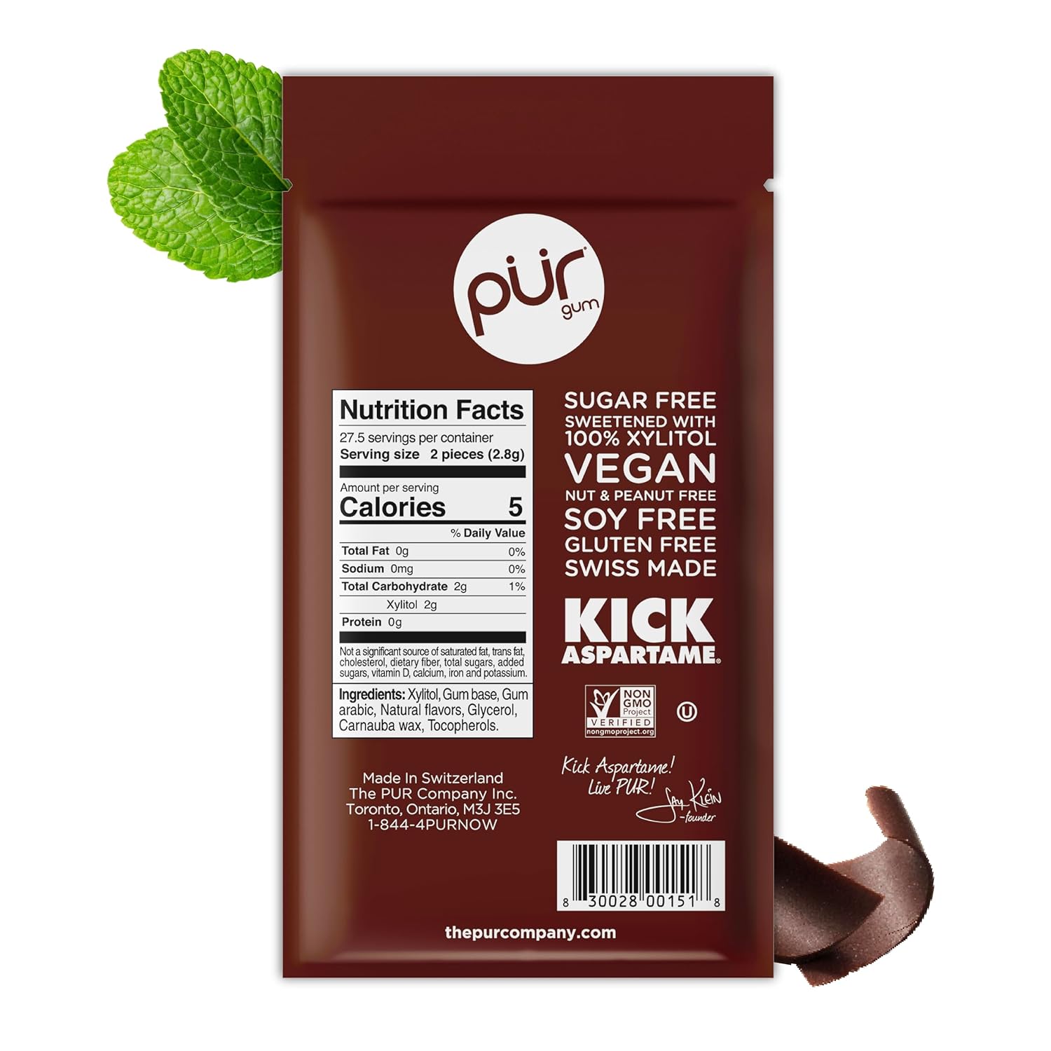 PUR Gum, Chocolate Mint, Xylitol Gum, No Artificial Flavor, 55 Count