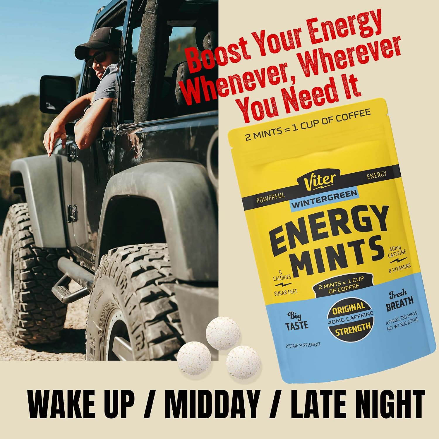 Viter Energy Caffeine Mints 40mg, Sugar Free, Wintergreen, 8oz Bulk Bag