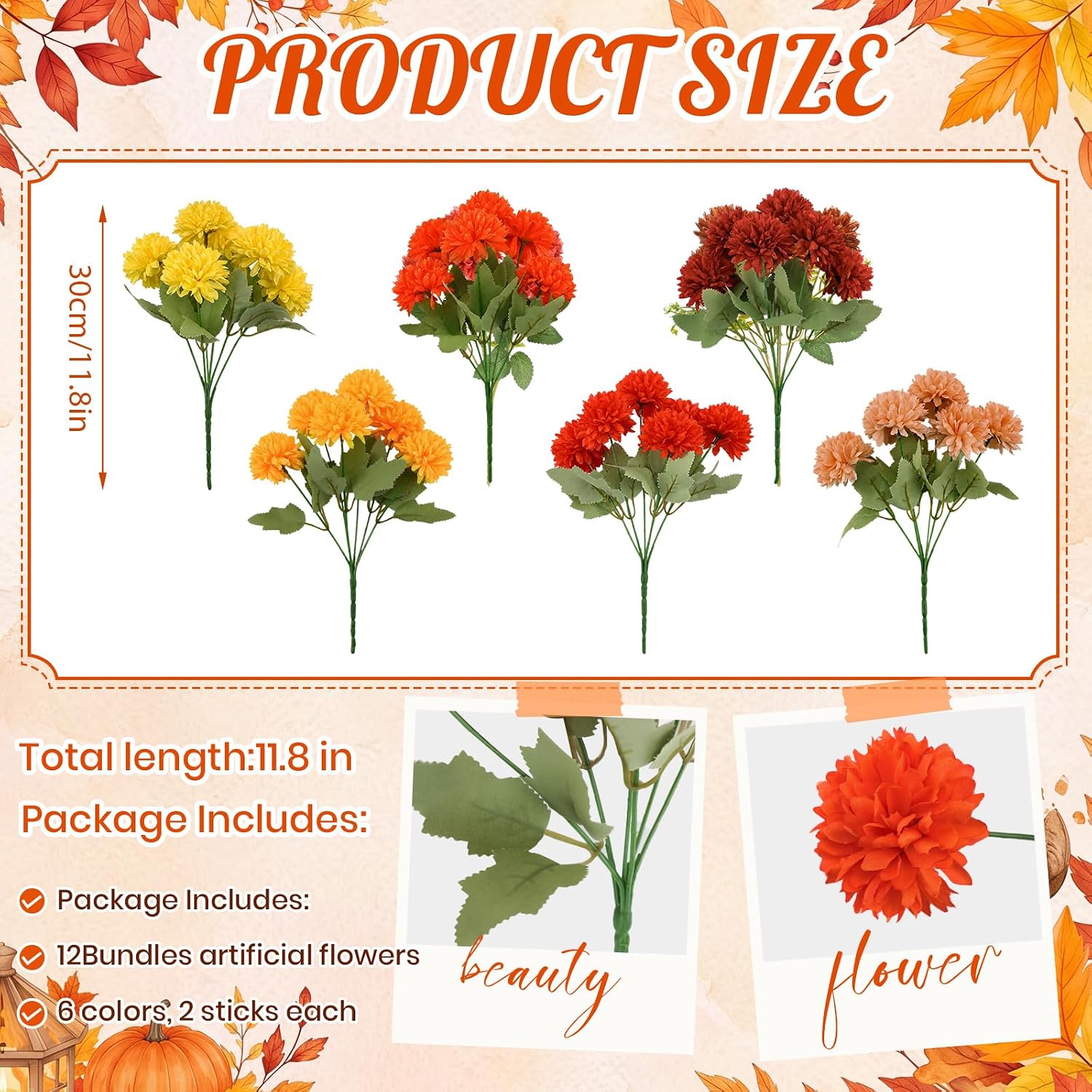 XunYee 12 Pcs Fall Artificial Flowers for Outdoor,Assorted Faux Mums