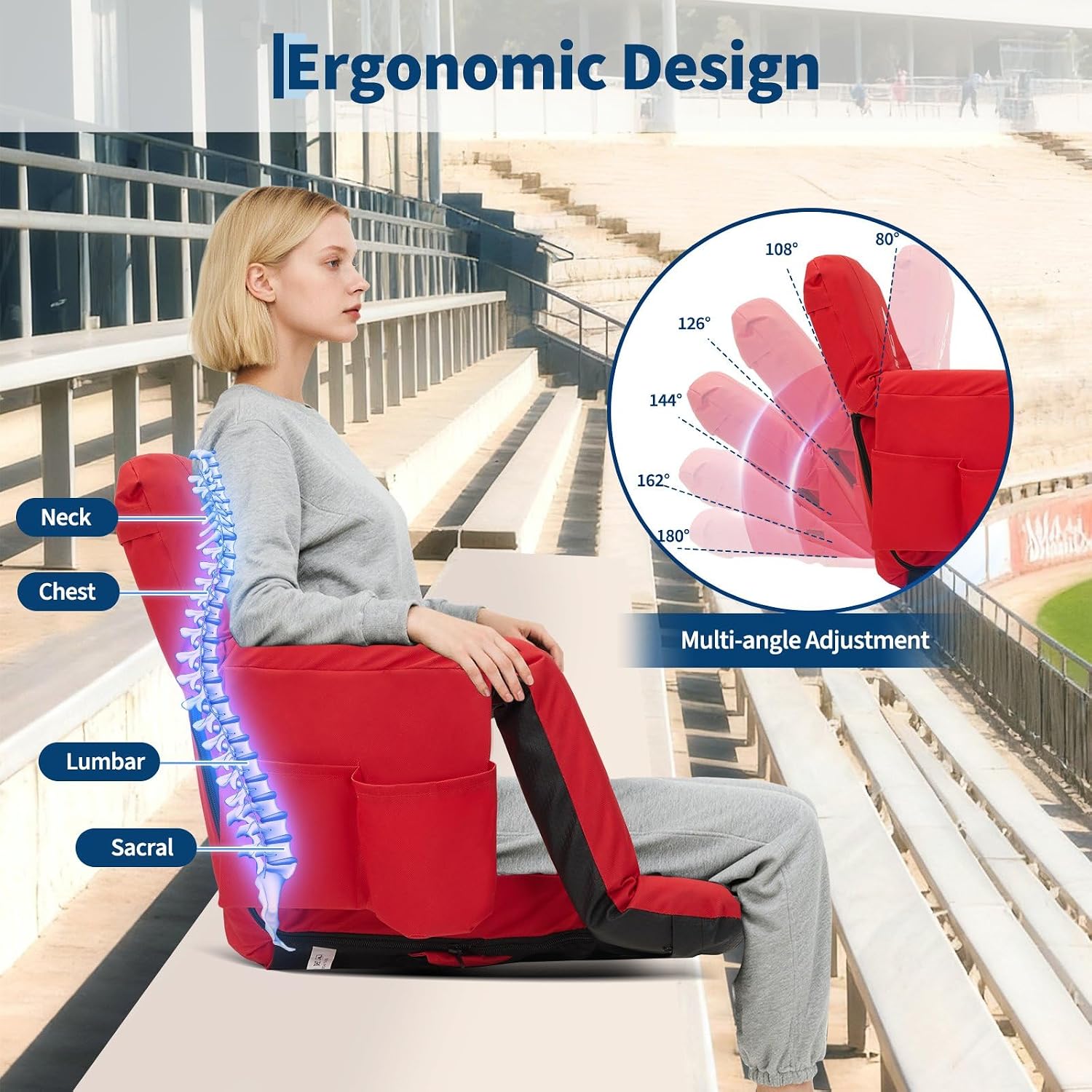 Garvee Stadium Seats with Back Support and Padded Cushion - Extra Wide Bleacher Chair with Anti-Slip Mat - Reclining Stadium Football Seats - 6 Adjustable Angle, Large Pockets, Cup Holders