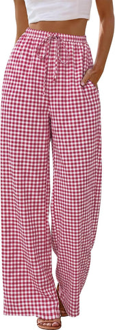 Sampeel Wide Leg Pants for Women Flowy Palazzo Drawstring Elastic Waist Trousers with Pockets Summer Beach Vacation Clothes