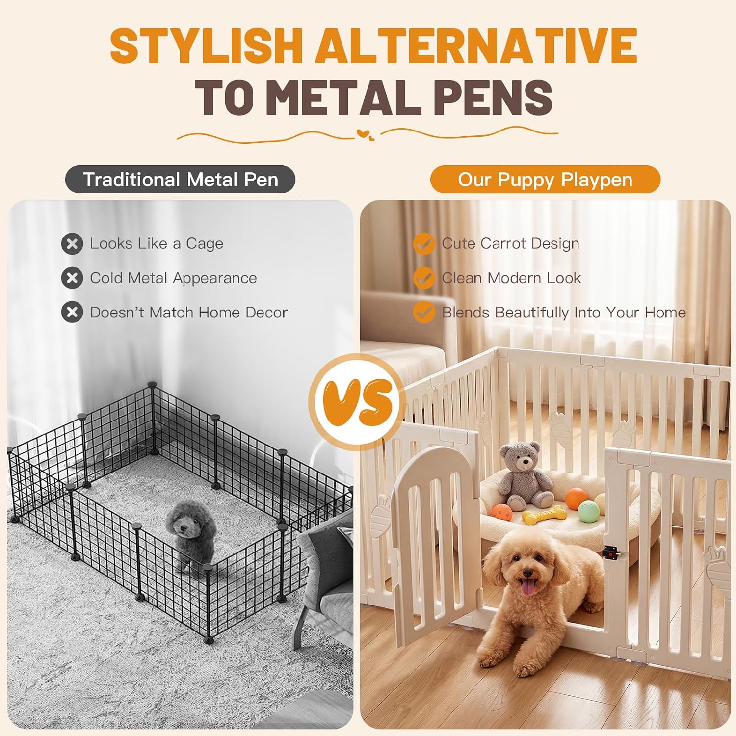 Dog Play Pen Indoors, 8-Panel Puppy Playpen with Door, 25.6" Tall Plastic Dog Fence for Dogs, Easy Assembly Pet Playpen for Puppies, Cats, Rabbits, Indoor Dog Pen,Corral para Perros