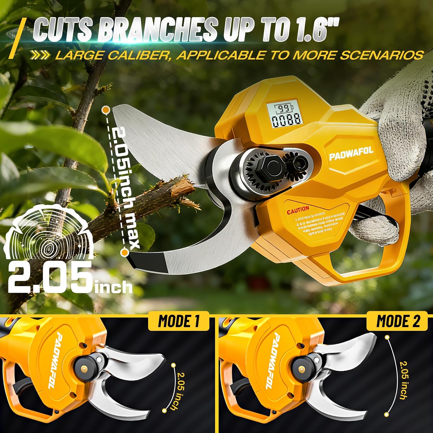 2.05"/ 52mm Electric Pruning Shears, Cordless Electric Scissors LCD Display＆SK7 Blades, 21V Brushless Motor Branch Cutter with 2 PCS Rechargeable 2000mAh Batteries & 2 Blades (Yellow)