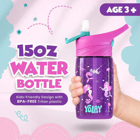 YOLAY Kids Water Bottle with Straw, 15 oz, Mermaid