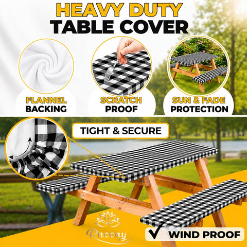 RNOONY Vinyl Fitted Picnic Table Cover with Bench Covers & Bag, 6 FT Outdoor Waterproof & Windproof Durable Tablecloth with Elastic Edges, Camping Essentials, RV Gear, 72x30 Inches - Black Checkered