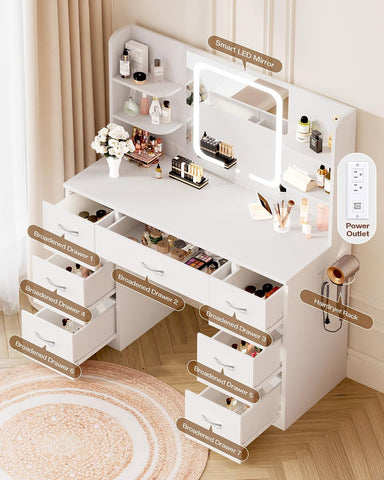 LIVELYGLOW 43" Large White Makeup Vanity Desk with Charging Station