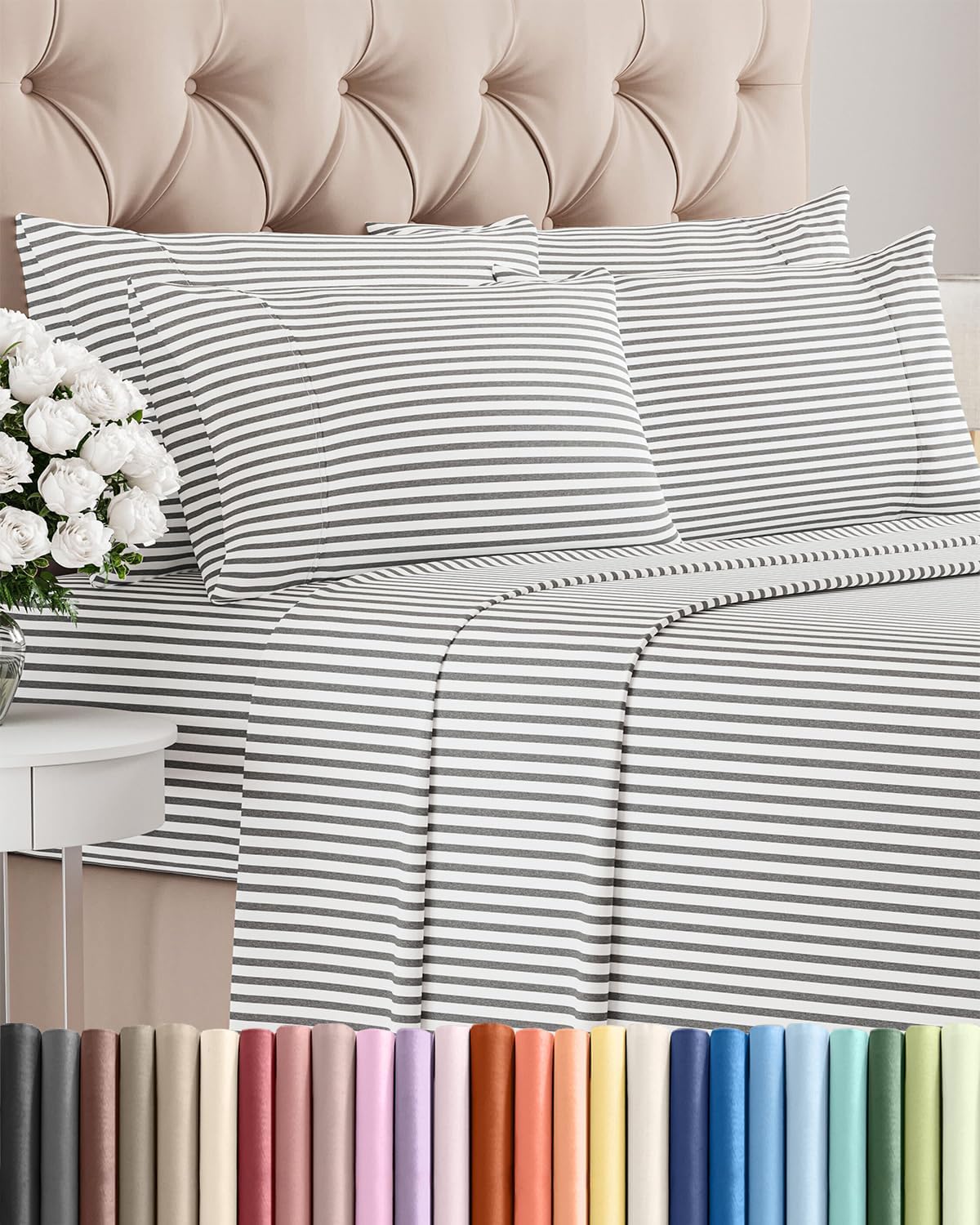 CGK Queen 6pc Bed Sheet Set - Breathable & Cooling - Grey Stripes