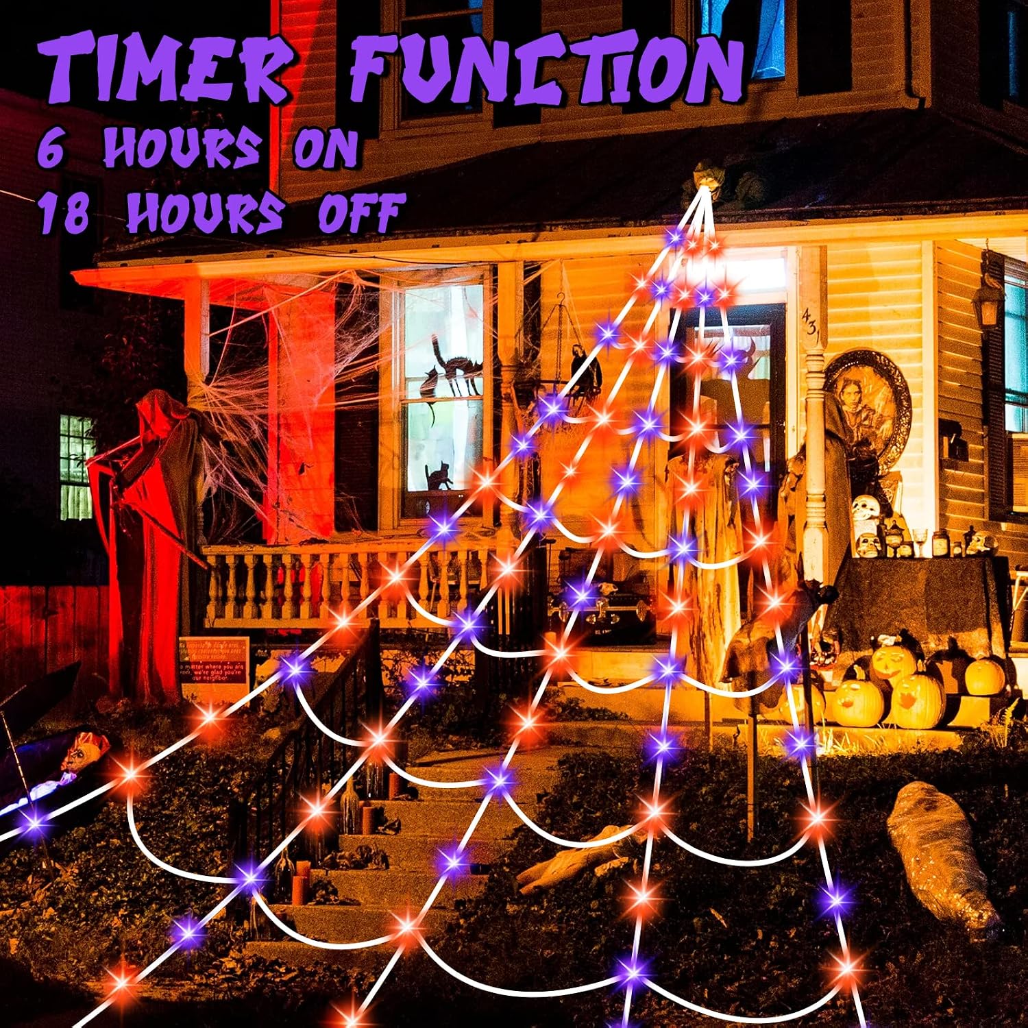 Halloween Spider Web Lights 150 LED Lighted Spider Web Giant 16.4 Ft Halloween Decorations Light up with 8 Lighting Modes Waterproof & Timer Outdoor Indoor Yard Haunted House Decor, Purple & Orange