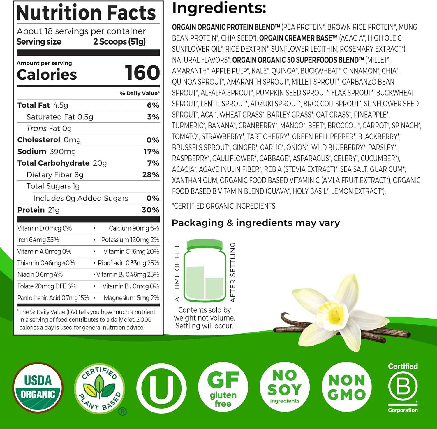 Orgain Organic Vegan 21g Protein + Superfoods Powder, Vanilla Bean, 2.02lb | Plant based protein, 50 superfoods, 8g prebiotic fiber, gluten free, no added sugar, non-GMO, no lactose ingredients