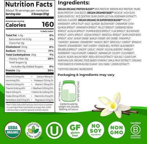 Orgain Organic Vegan 21g Protein + Superfoods Powder, Vanilla Bean, 2.02lb | Plant based protein, 50 superfoods, 8g prebiotic fiber, gluten free, no added sugar, non-GMO, no lactose ingredients