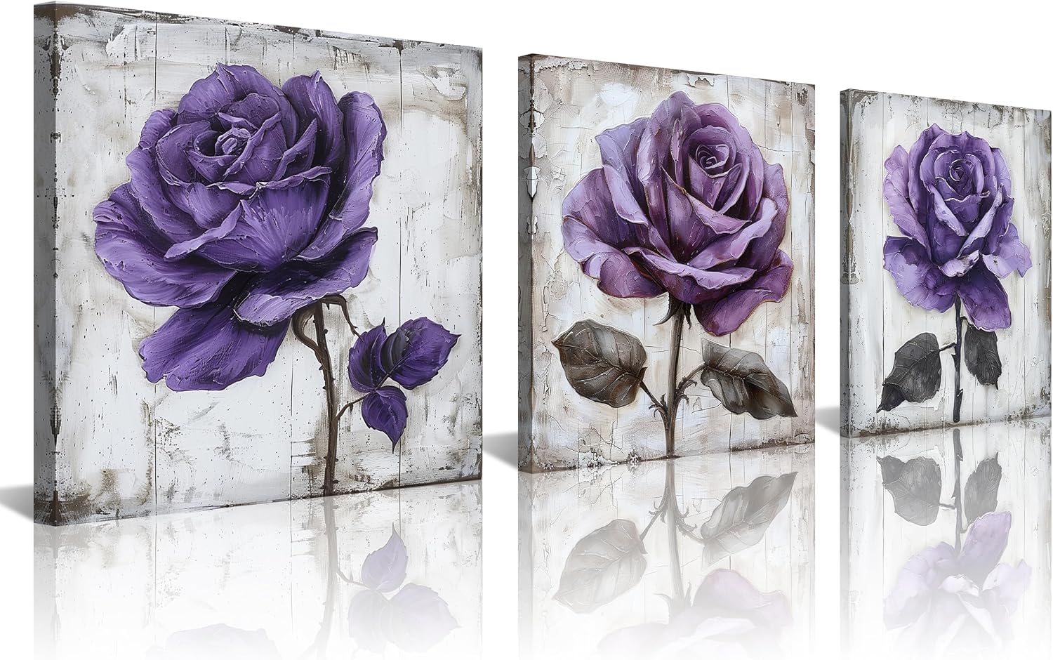 NAN Wind 3Pcs Purple Rose Canvas Prints Wall Art Botanical Floral Art Modern Flower Artwork Ready to Hang Textured Wall Art Print Decorative Wall Hanging for Living Room Bedroom Kitchen