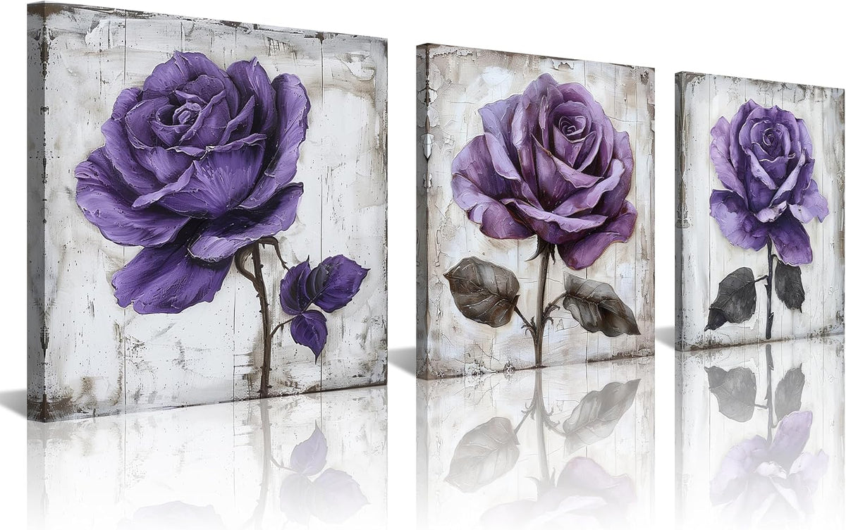 NAN Wind 3Pcs Purple Rose Canvas Prints Wall Art Botanical Floral Art Modern Flower Artwork Ready to Hang Textured Wall Art Print Decorative Wall Hanging for Living Room Bedroom Kitchen