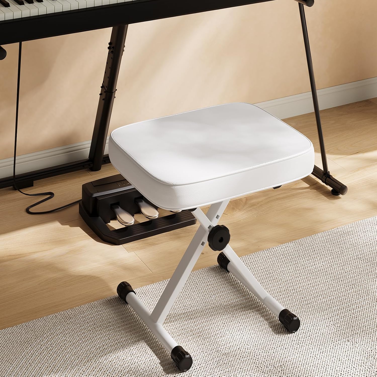 DUMOS Piano Bench, Foldable Guitar Stool, Waterproof White