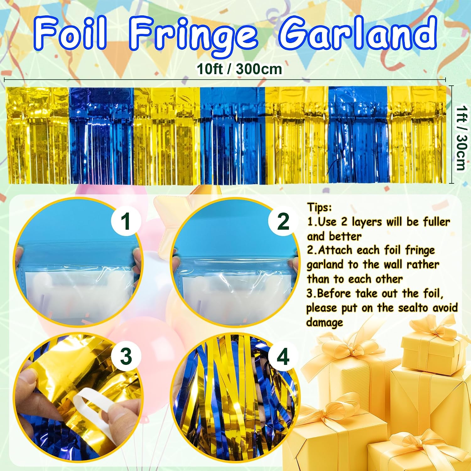 4 Pack 10 Feet Graduation Parade Floats Foil, Royal Blue Gold Fringe Garland Tinsel Streamers Banner Fringe Curtain Banner for Graduation Homecoming Birthday Party Decorations (Royal Blue, Gold)