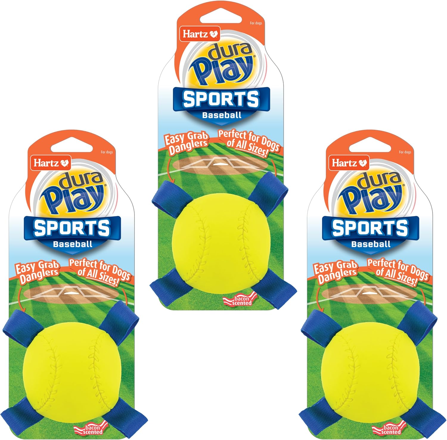 Hartz Dura Play Sports Baseball Dog Toy, Bacon Scented Squeaky Latex Yellow & Blue Toy, 3 Count