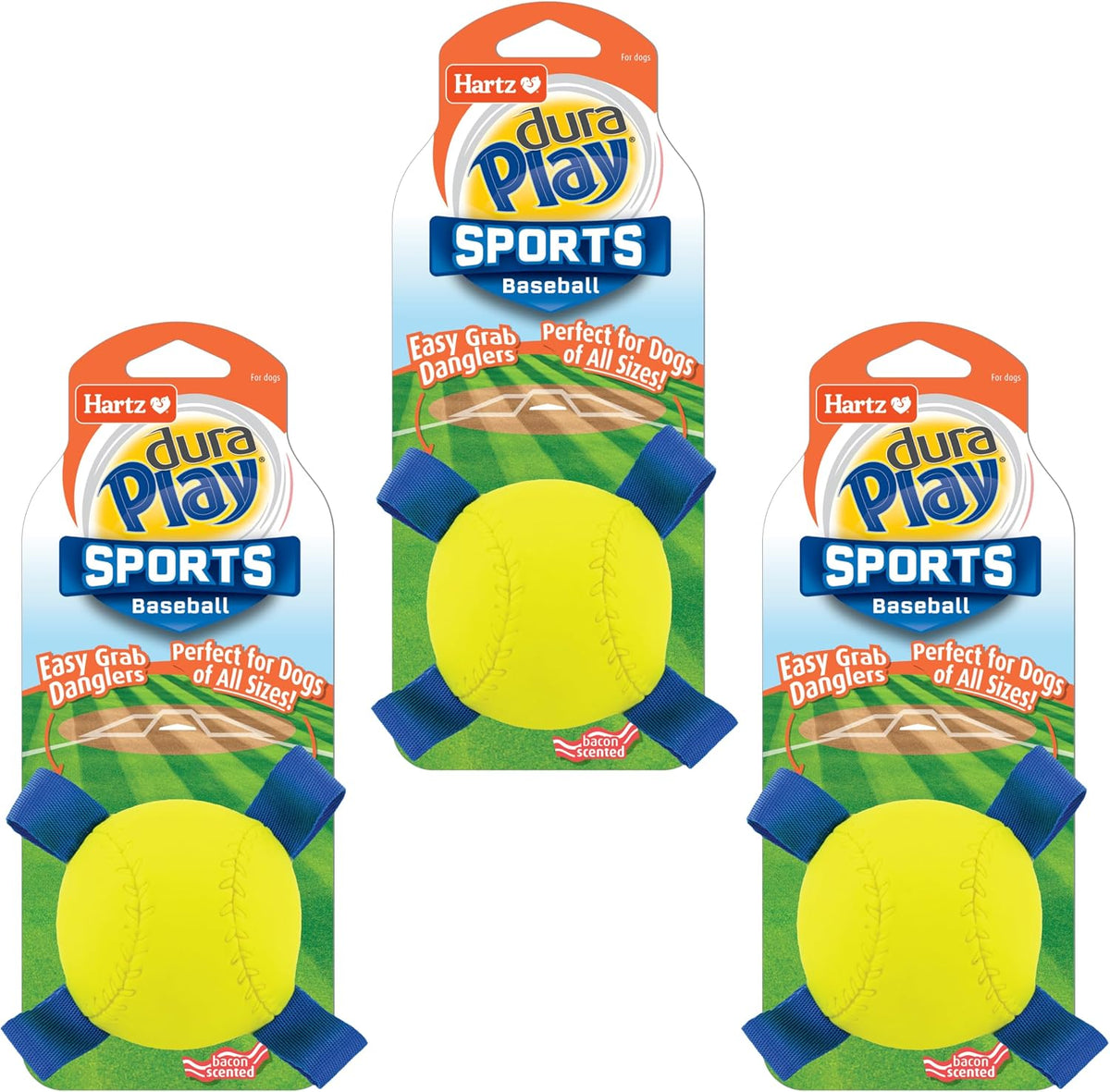 Hartz Dura Play Sports Baseball Dog Toy, Bacon Scented Squeaky Latex Yellow & Blue Toy, 3 Count