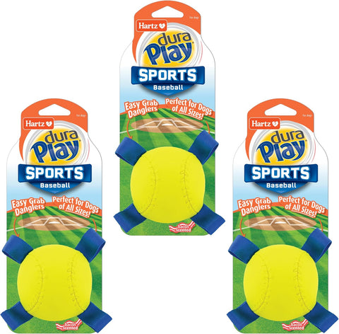 Hartz Dura Play Sports Baseball Dog Toy, Bacon Scented Squeaky Latex Yellow & Blue Toy, 3 Count