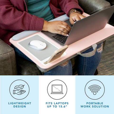 LAPGEAR Home Office Pro Lap Desk with Wrist Rest, Mouse Pad, and Phone Holder - Pink - Fits up to 15.6 Inch Laptops - Style No. 91604