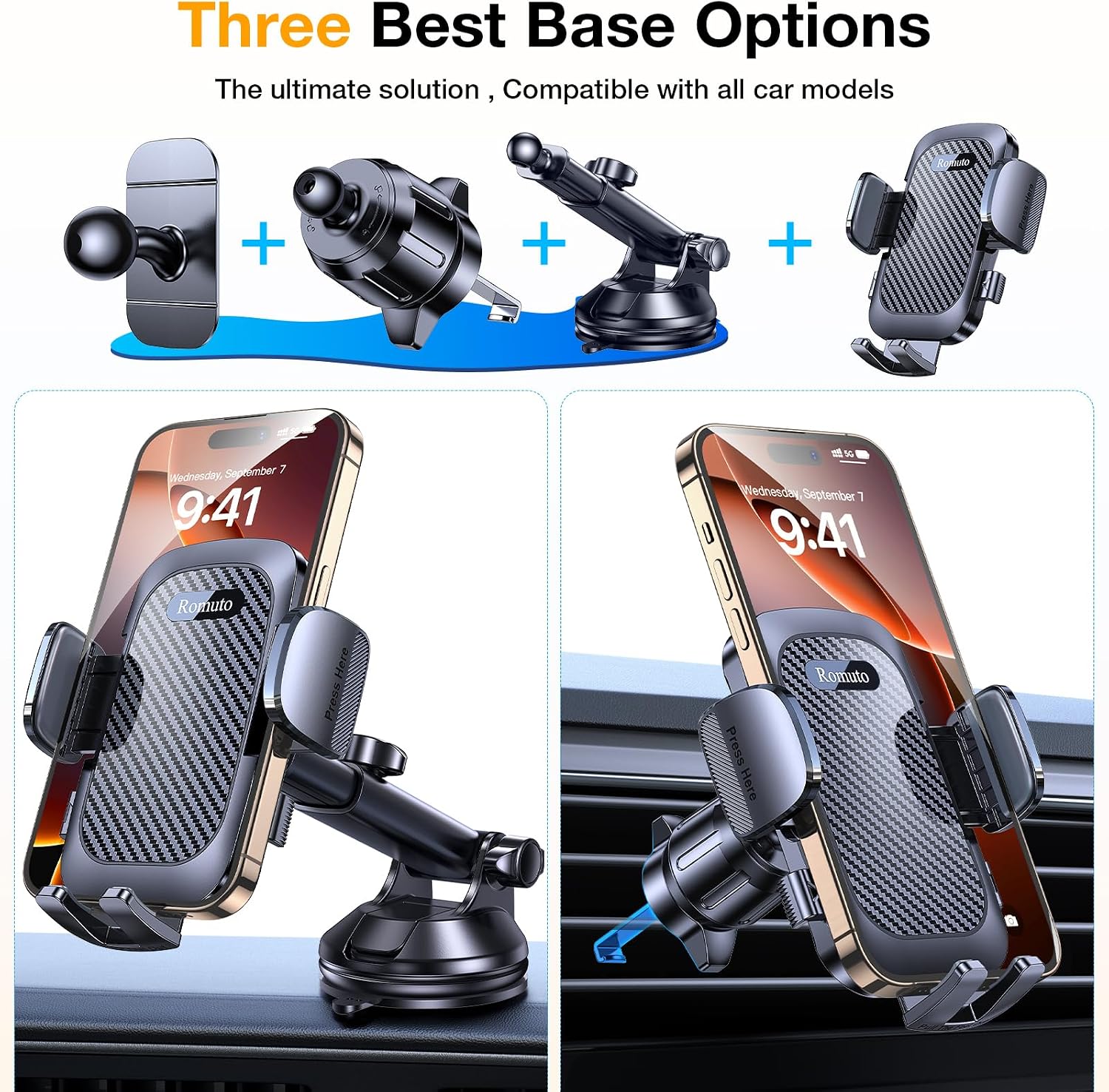 Romuto Phone Holders for Your Car Phone Holder Mount【Super Suction】Cell Phone Holder for Car Accessories for Women Men【360° Adjustable】Suction Phone Mount for Car, Window, Bathroom for iPhone Samsung
