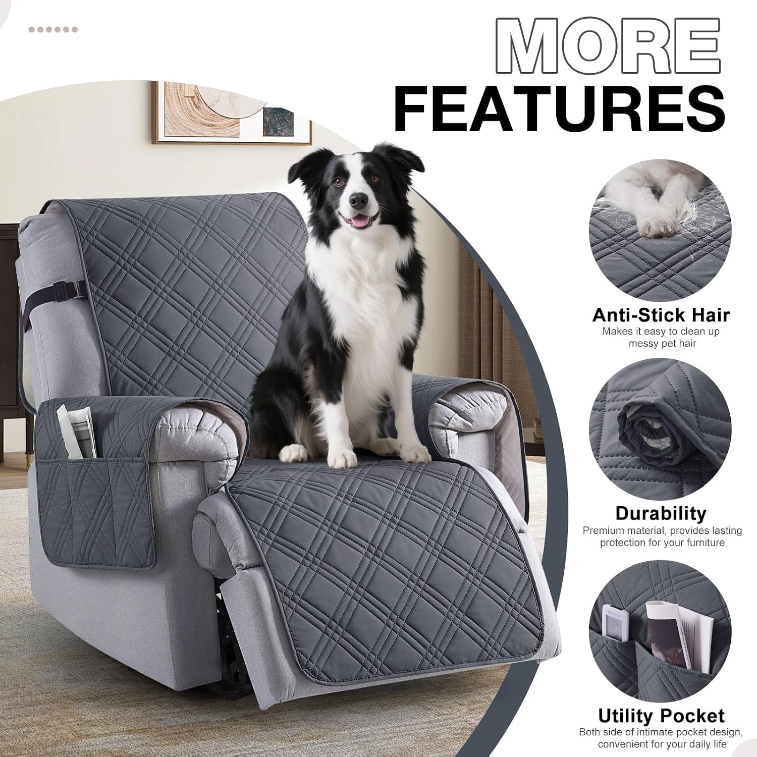 TAOCOCO Waterproof Recliner Chair Covers 30 Inch Wide, Oversized Recliner Covers for Recliner Chair with Pocket, Recliner Slipcovers with Straps Furniture Protector for Kids Pets (30'', Dark Grey)