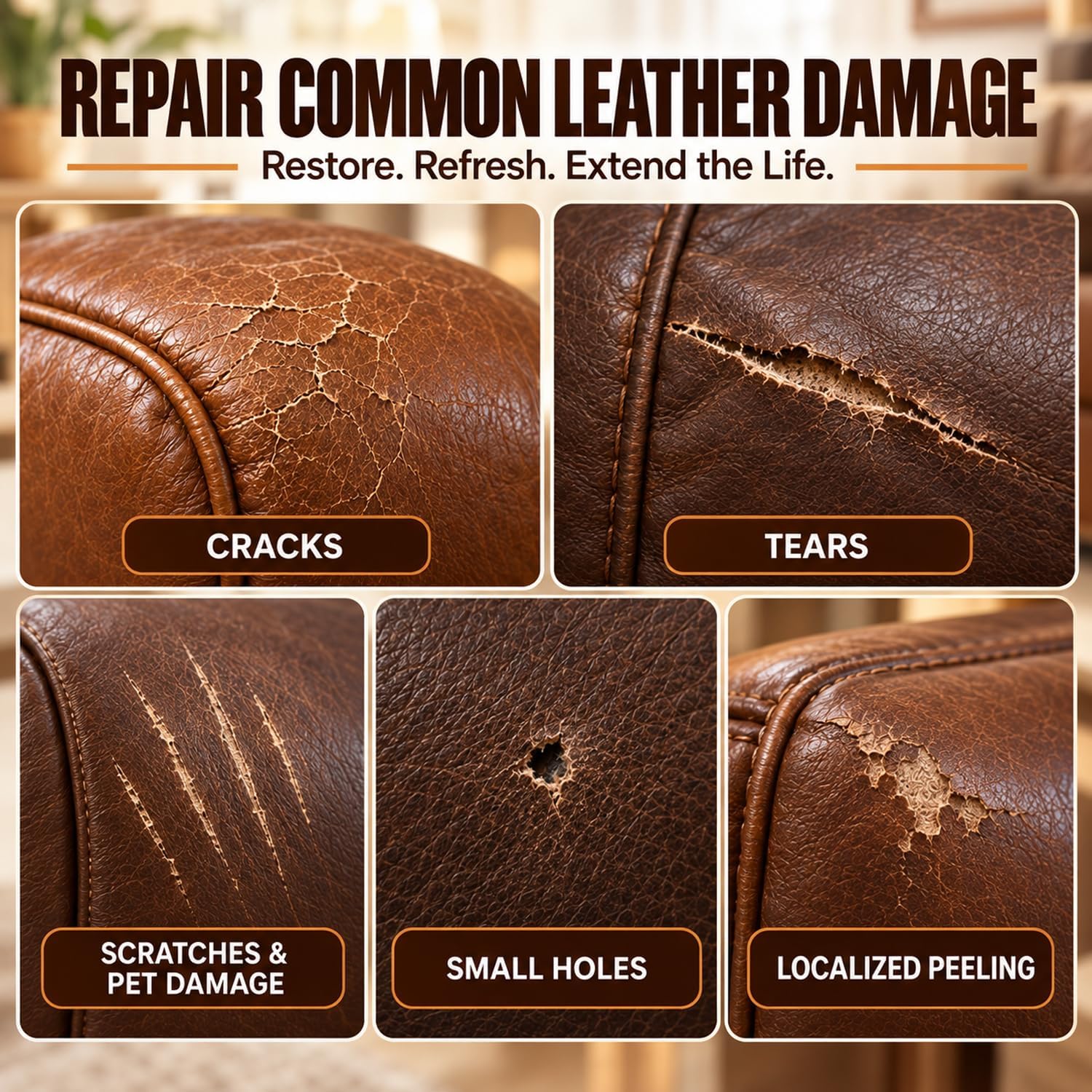 Brown Leather Repair Kit for Furniture & Couches, Car Seat Vinyl Repair Kit