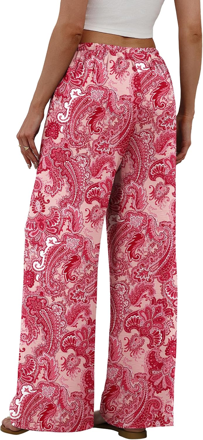 Sampeel Wide Leg Pants for Women Flowy Palazzo Drawstring Elastic Waist Trousers with Pockets Summer Beach Vacation Clothes